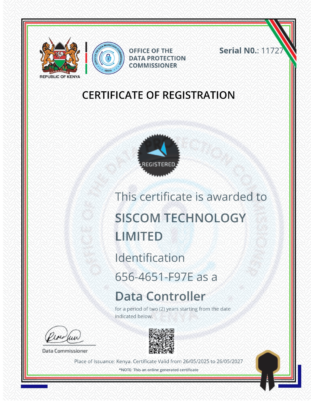 SISCOM Technology — Data Controller registration certificate