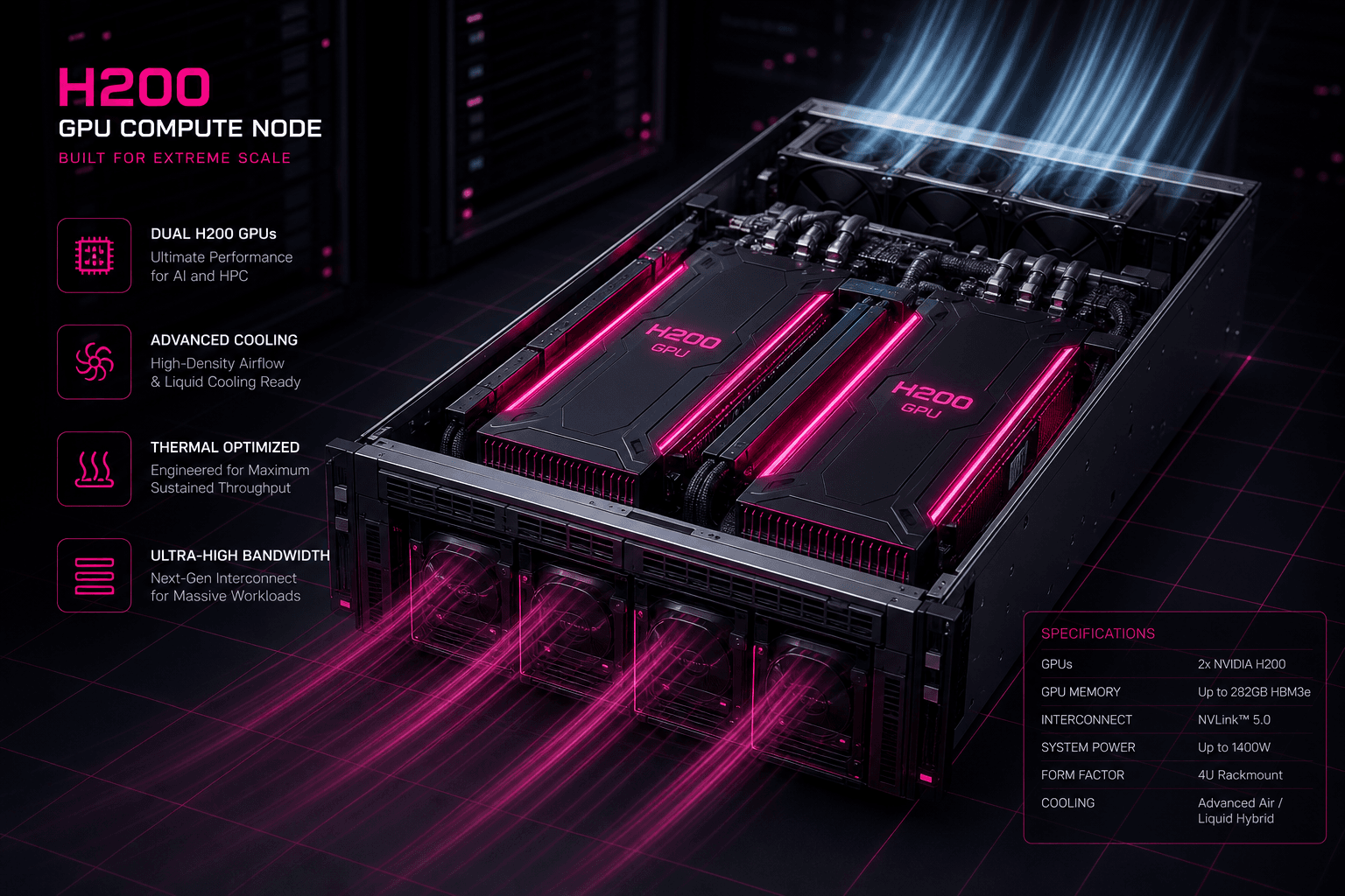 H200 GPU server node with advanced cooling